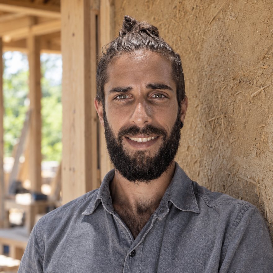 Samuel Ninnin, ingénieur thermique, fondateur d'Inertia Ingénierie, sur un chantier de construction en bois et terre-paille