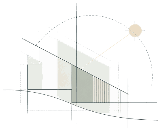 Dessin d'architecture minimaliste : un volume à toiture monopente posé sur une ligne de terrain, la course du soleil, un bardage vertical et les axes de construction.
