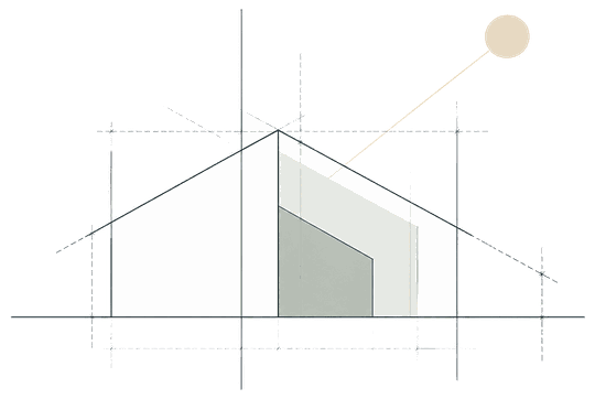 Dessin d'architecture minimaliste : une maison individuelle à deux pentes en élévation, avec le rayon de soleil au sud et les axes de construction.