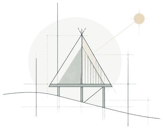Dessin d'architecture minimaliste : une cabane en A sur pilotis posée sur un terrain en pente, avec bardage vertical et axes de construction.