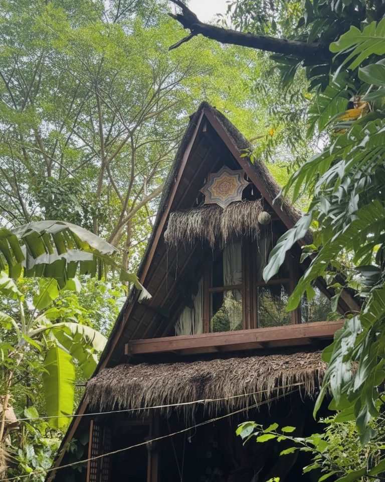 La toiture en chaume et la structure bois vues en contre-plongée